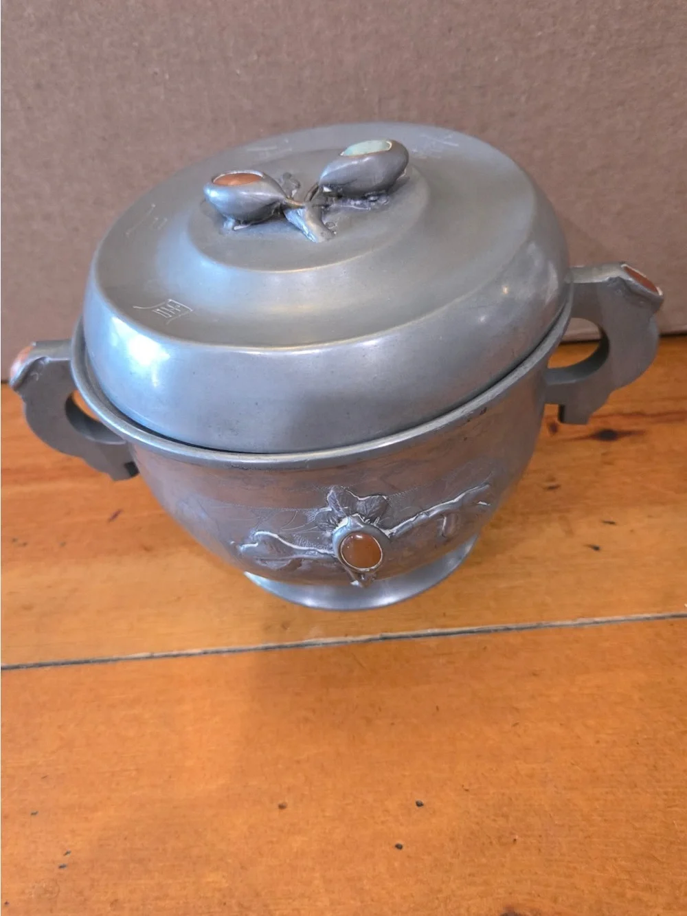 Chinese antique Silver Decorative Lidded Serving Bowl with Stone Accents